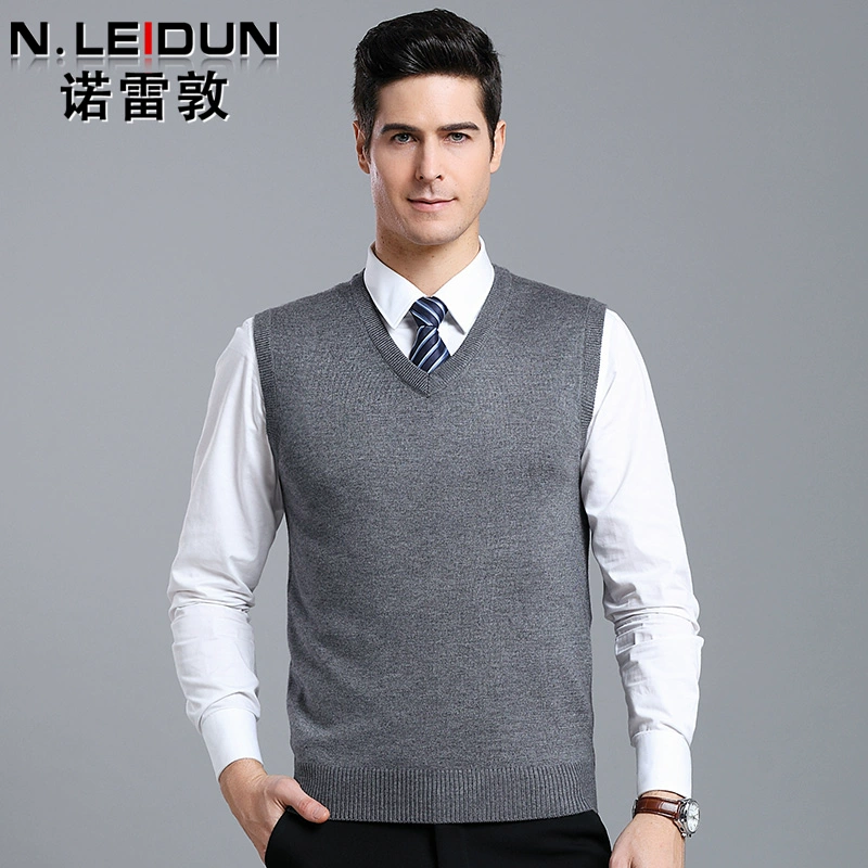 Áo vest nam mùa thu và mùa đông mới vest nam trung niên và cao tuổi Áo cổ chữ V với áo len dệt kim không tay - Cardigan