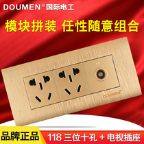 International electrician Type 118 switch socket panel wall power champagne gold brushed ten hole socket with TV TV