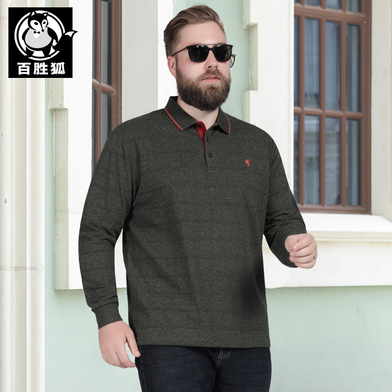 Hundreds Of Wins Fox Large Size Men's Clothing Fats Pure Color Long Sleeves T-shirt Loose plus Fat Increase Fatter Polo Shirt Spring