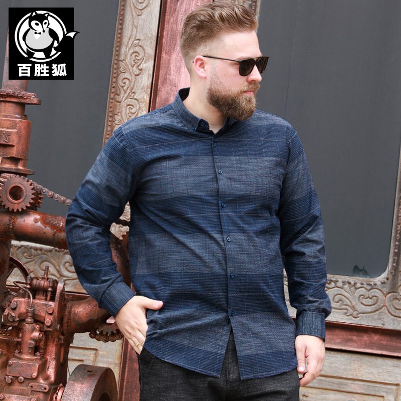 Hundred Wins Fox Big Size Men's Long Sleeve Autumn Winter Shirts Fatson Plus Fat Increase Men's Big Belly Shirts Fattening Guy Spring Autumn