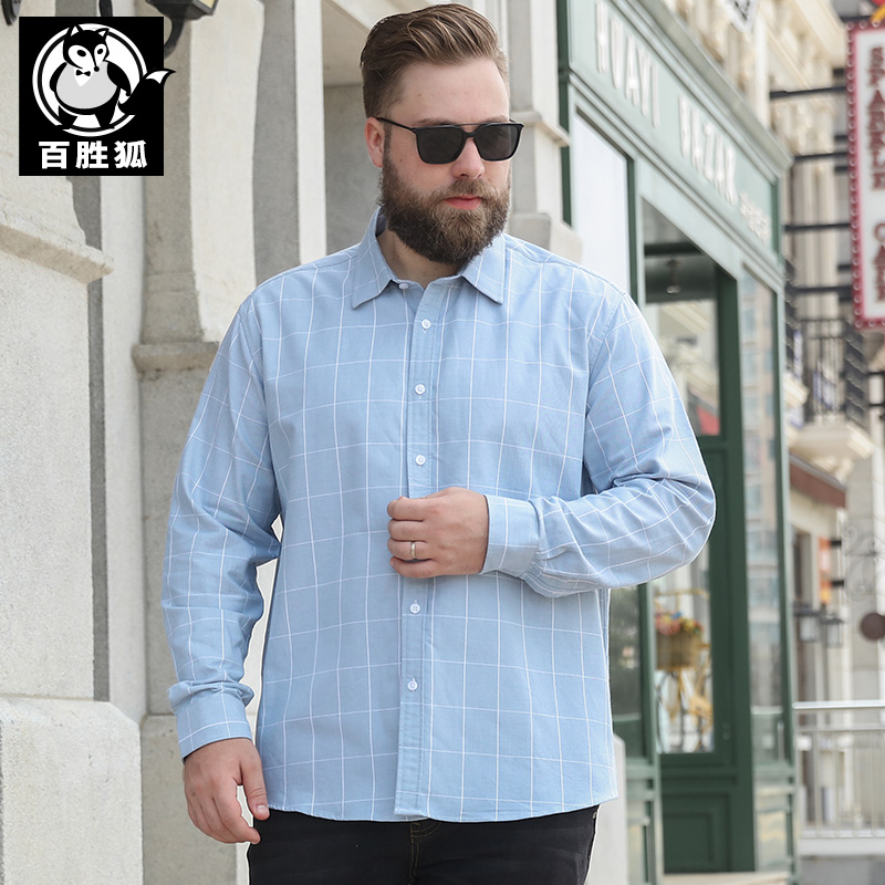 Hundreds Of Wins Fox Big Size Men's Dress Plaid Business Shirt Long Sleeve Loose Casual Autumn Winter Fatter Plus Fattening Up Yard Shirts