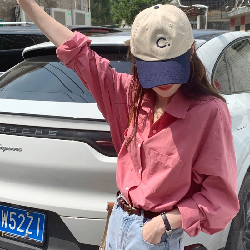 Early Spring Korean Style Outfit, Rose Red Shirt for Women, High-End Top, Long-Sleeved, Loose, Casual, Elegant, Workwear Cotton Shirt