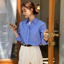 Blue shirt woman base 2022 spring summer new Korean version loose blouse design sensation small crowdcotton lining long sleeve