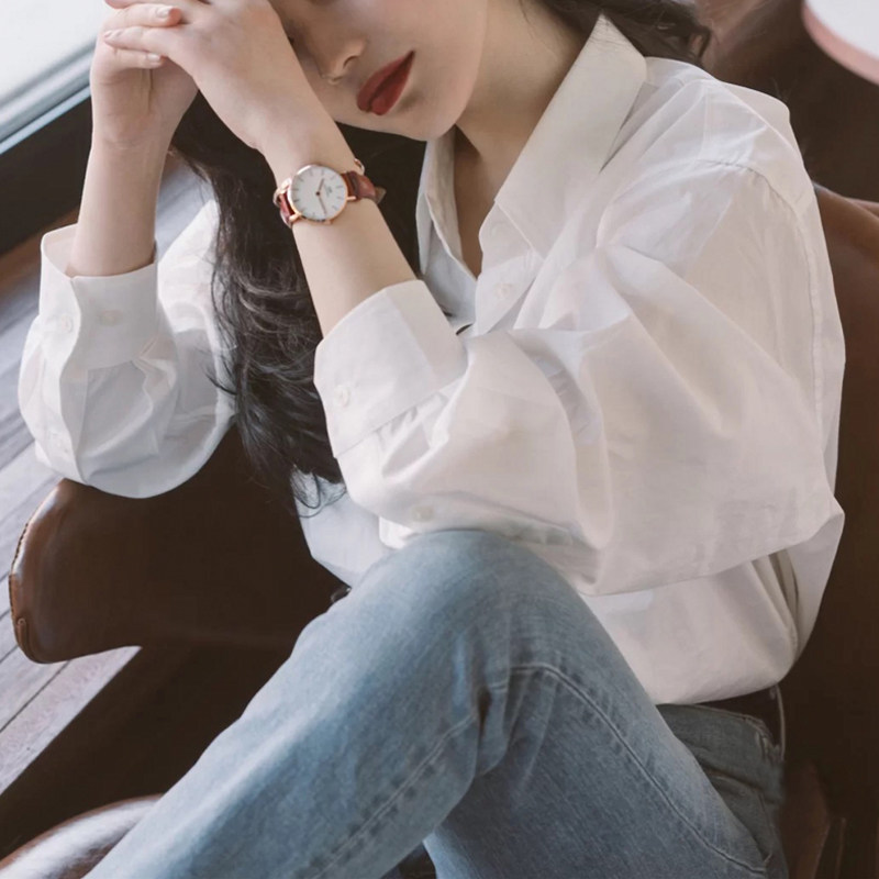 White Shirt Woman Loose Medium Long Version Casual Long Sleeve Pure Cotton Shirt Design Feel Small Crowdspring Summer Fold Wear