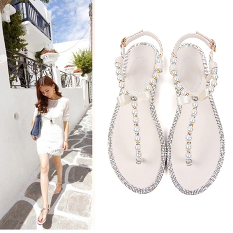 European Station 2026 Summer New Style Rhinestone Pearl Roman Flat Thong Sandals for Women, Flat Heel Student Flip-Flops