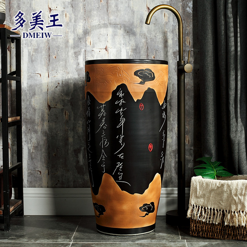 Wash basin upright post washbasin upright column basin engraving retro handwashing table basin integrated outdoor patio upright column basin