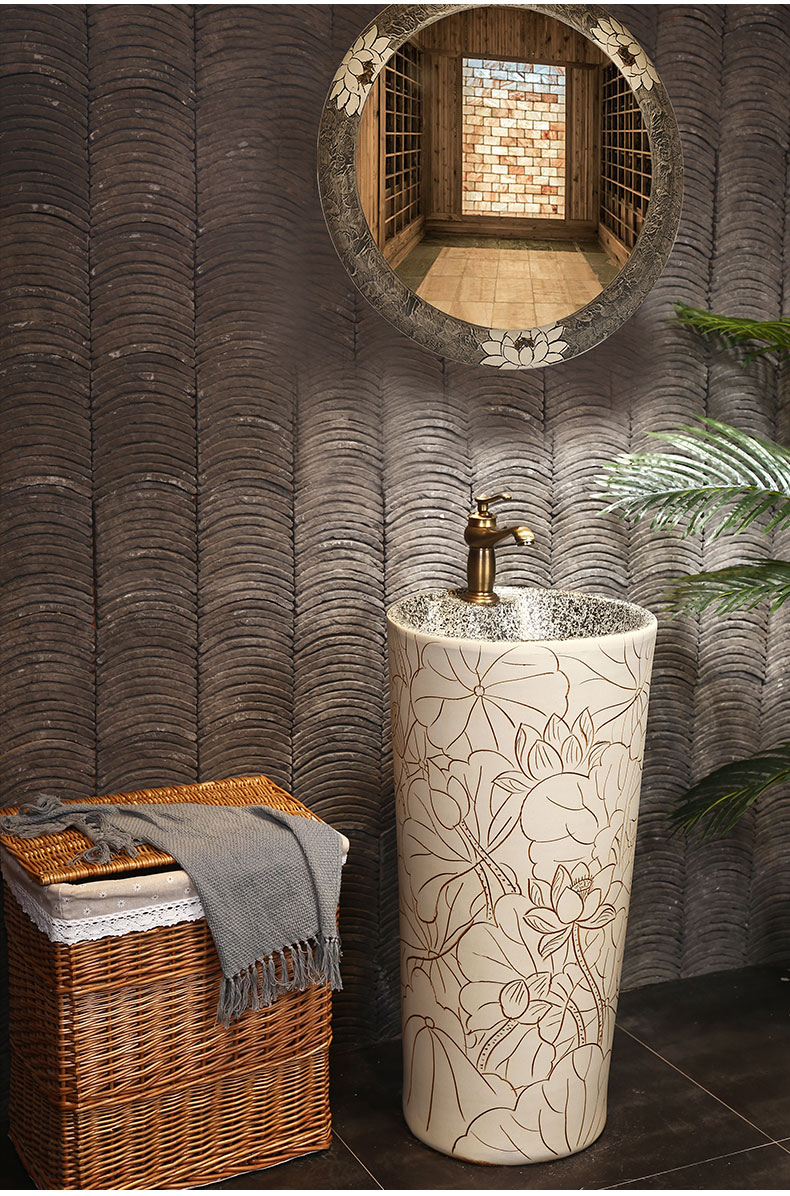 Tom Wang Bai lotus carving pillar basin sink basin on floor balcony ceramic column type lavatory