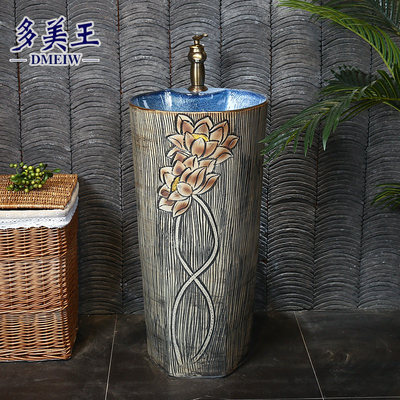 Retro vertical column basin ceramic column type washbasin balcony make-up room integrated column basin floor type washbasin