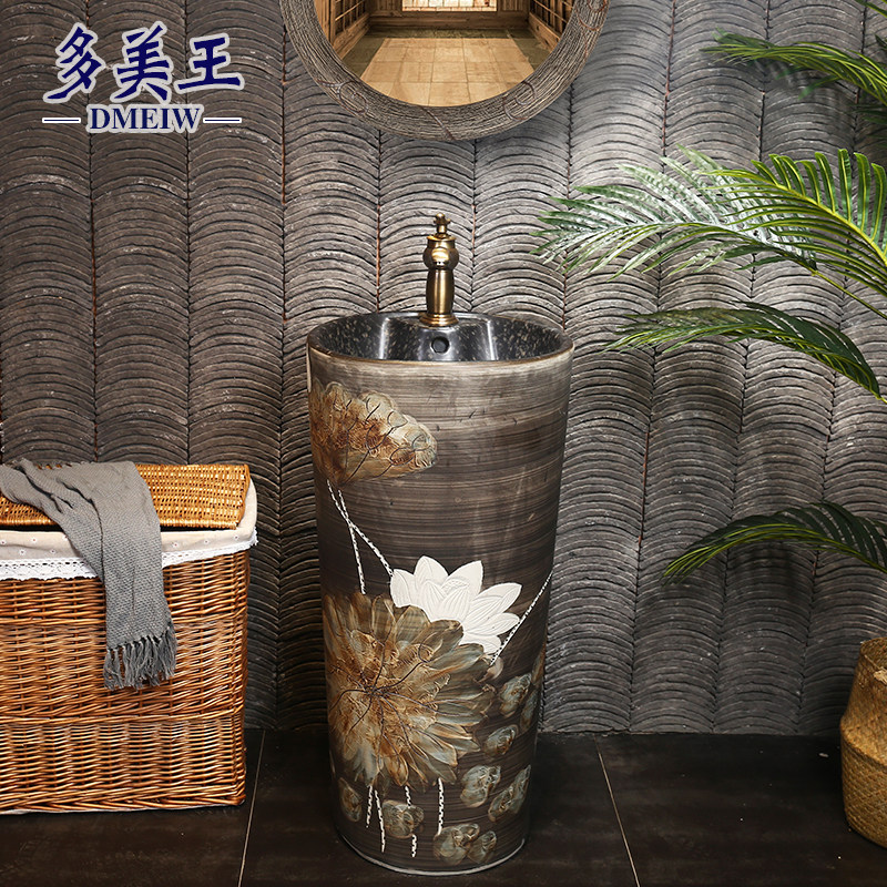 Domei Wang Chinese retro column washbasin Balcony floor-to-ceiling washbasin One-piece carved lotus column basin
