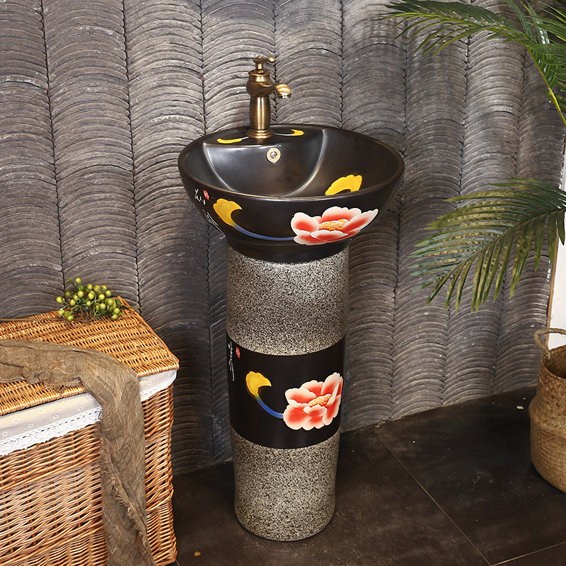 Retro red peony carving art pillar lavabo basin ceramic column type lavatory vertical integrated floor