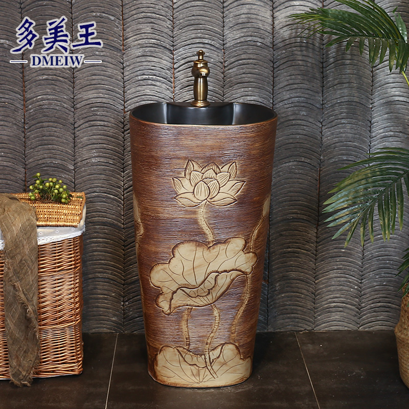 Carved retro ceramic column type lavatory sink basin one floor is suing balcony column basin