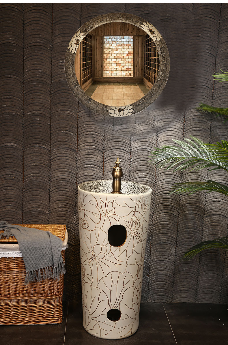 Tom Wang Bai lotus carving pillar basin sink basin on floor balcony ceramic column type lavatory