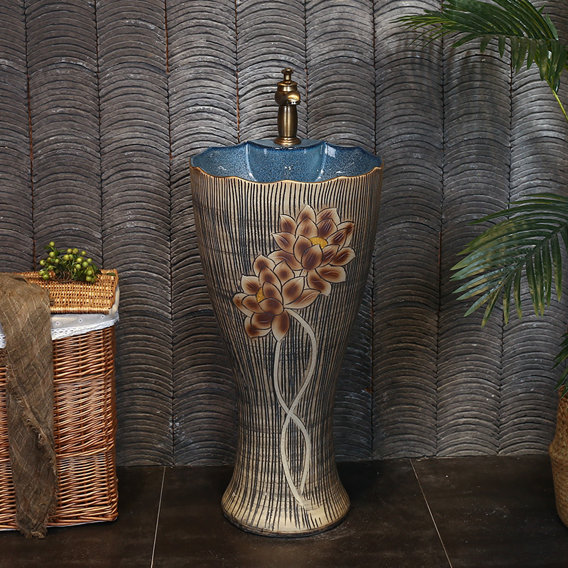 Retro ceramic column basin integrated basin ground pillar lavabo archaize is suing villa pillar type lavatory