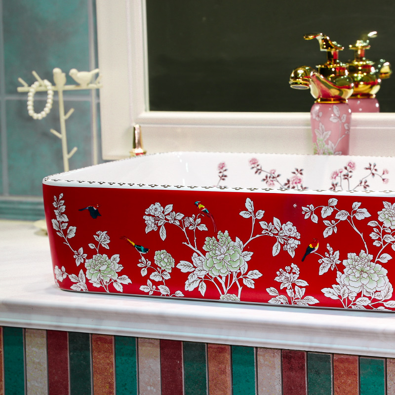 What king of toilet stage basin ceramic European contracted the sink basin rectangular basin that wash a face red flowers and birds