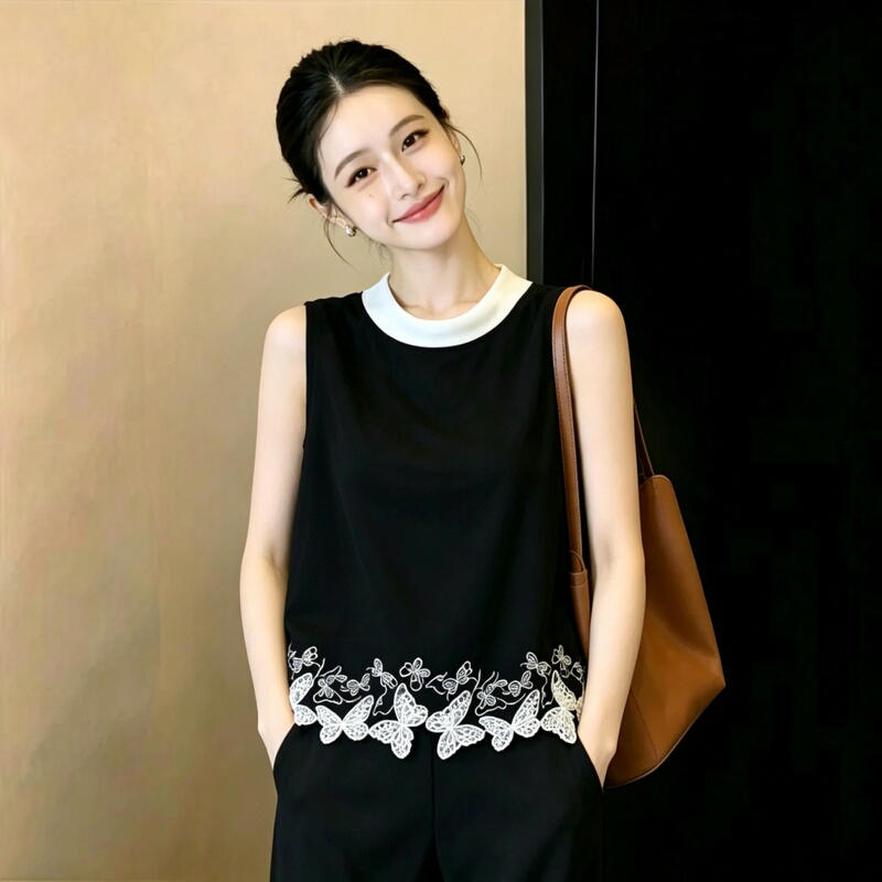 Super Stylish Color-Blocked Sleeveless Velvet Shirt for Women with Lace Butterfly Embroidery, 2026 New Summer Outerwear Top