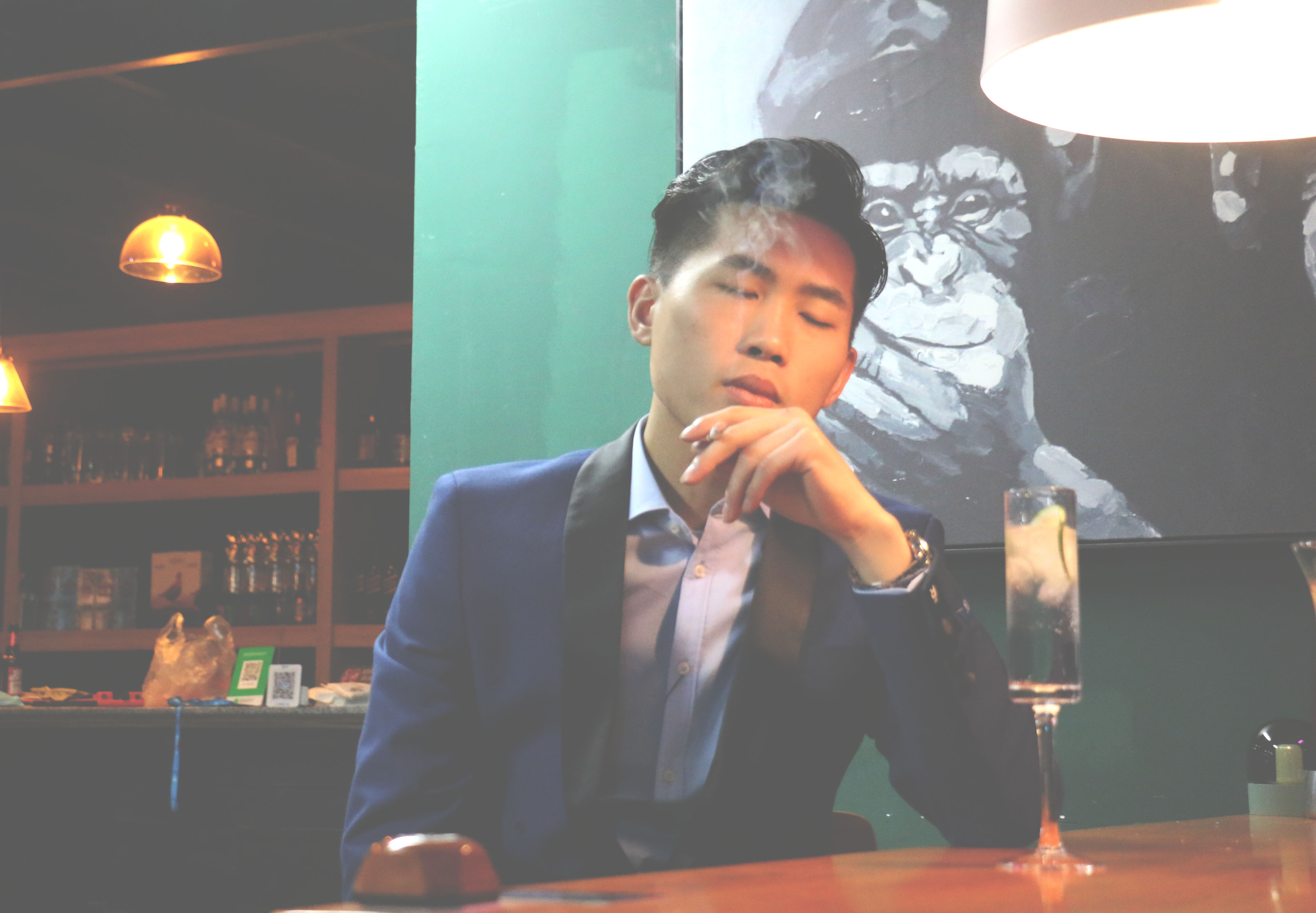 French original single men Business One grain buckle Thing suit jacket Inron casual blue gown outside wearing a little western suit