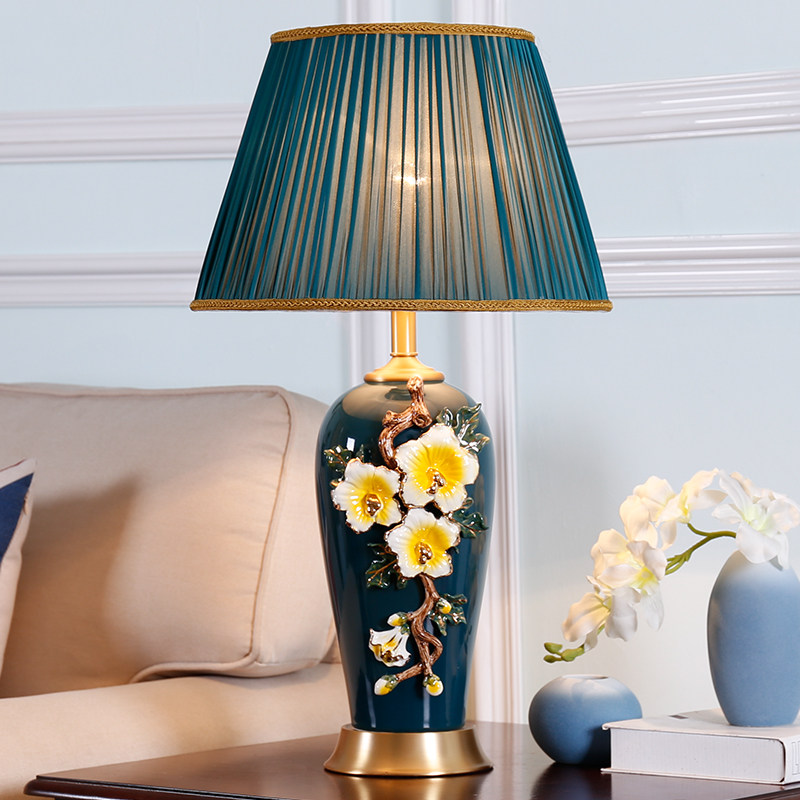 Living room big number extravagant enamel color table lamp full copper bedroom bed headlights American cozy European-style ceramic New Chinese