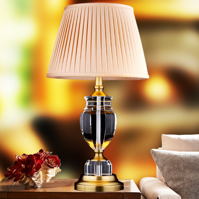 American minimalist crystal table lamp luxurious bedroom bed head lamp cloth art decor fashion pure copper living room Book room table lamp