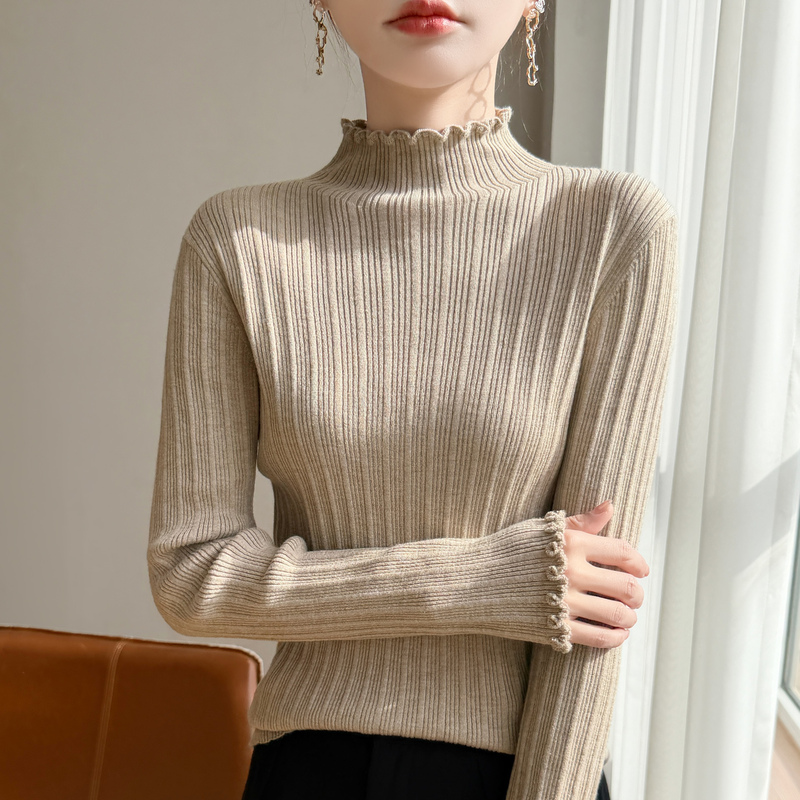 Gentle and Elegant Style, Ruffled Edge Fine-Spun Wool Sweater, Women's High-Neck Knitted Base Layer Sweater, Soft and Delicate Inner Wear