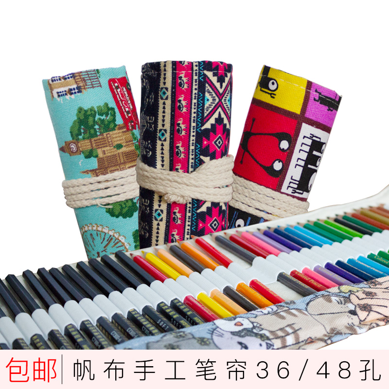 Handmade canvas pen bag 36 48 holes large capacity pen curtain male and female sketching colorful pencil curtain drawing special