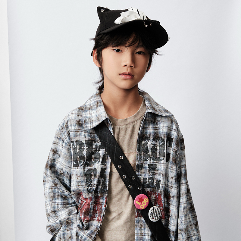 Bb7Koc Original American Retro Patchwork Text Print Plaid Shirt Long-Sleeved Shirt