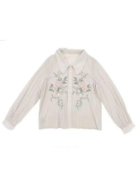 French retro meat apricot rose rose embroidery thin section shirt female 2023 new spring and summer long-sleeved top