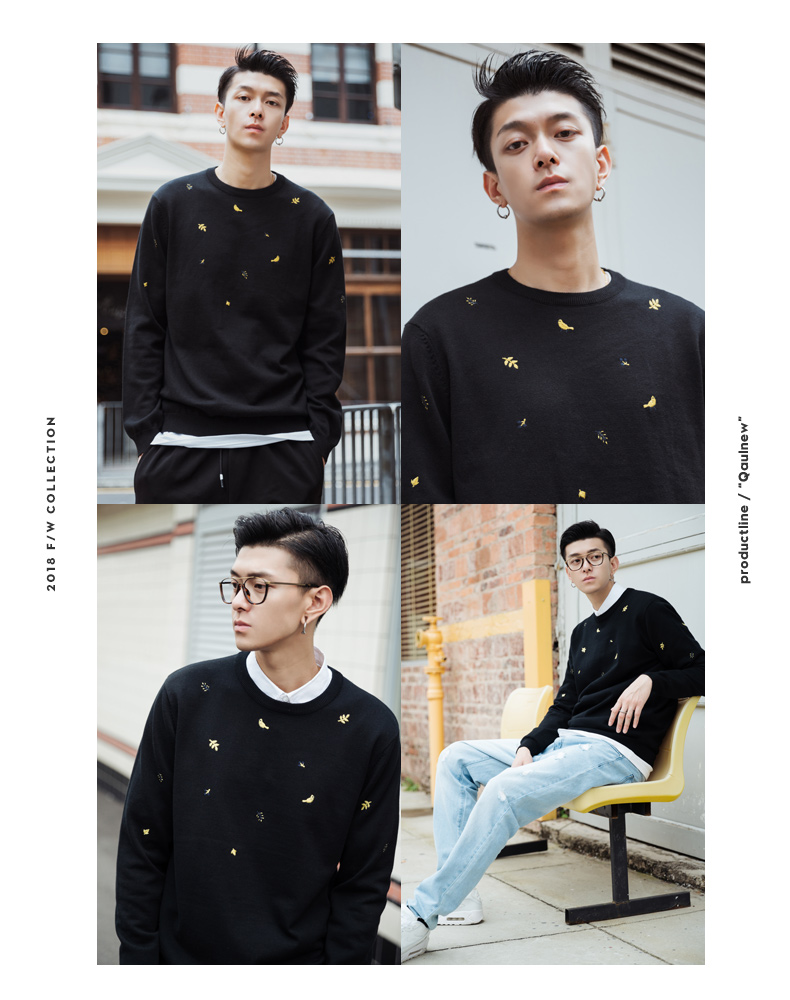 Áo len nam UOOhe 2018 thu đông mới áo sơ mi đen đáy xu hướng thời trang thêu áo len dày cardigan nam