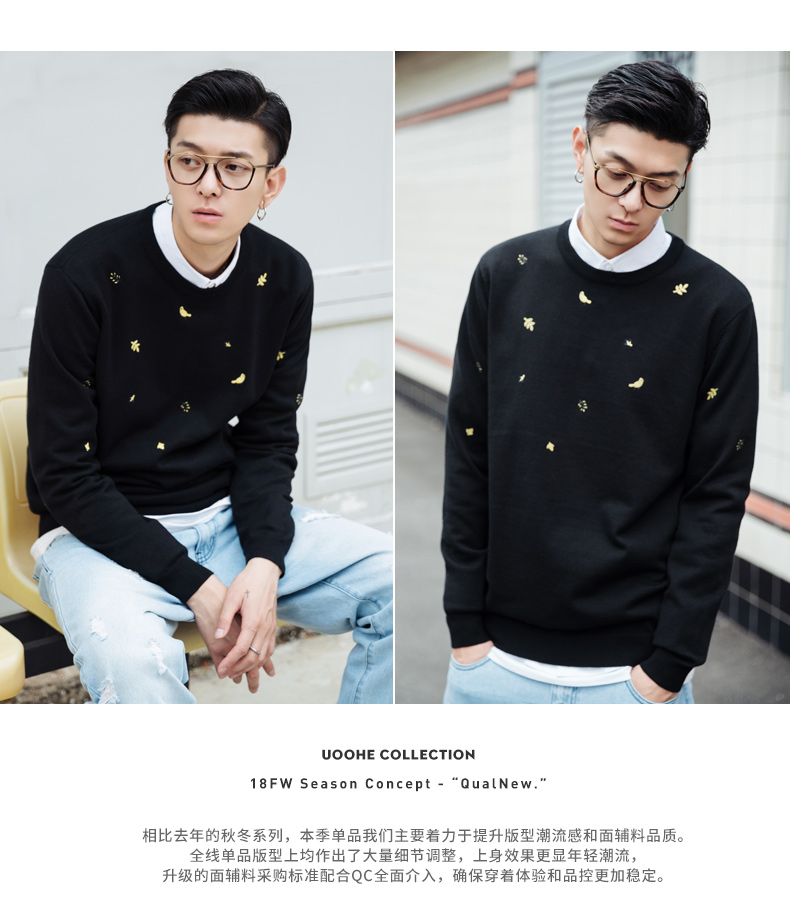 Áo len nam UOOhe 2018 thu đông mới áo sơ mi đen đáy xu hướng thời trang thêu áo len dày cardigan nam