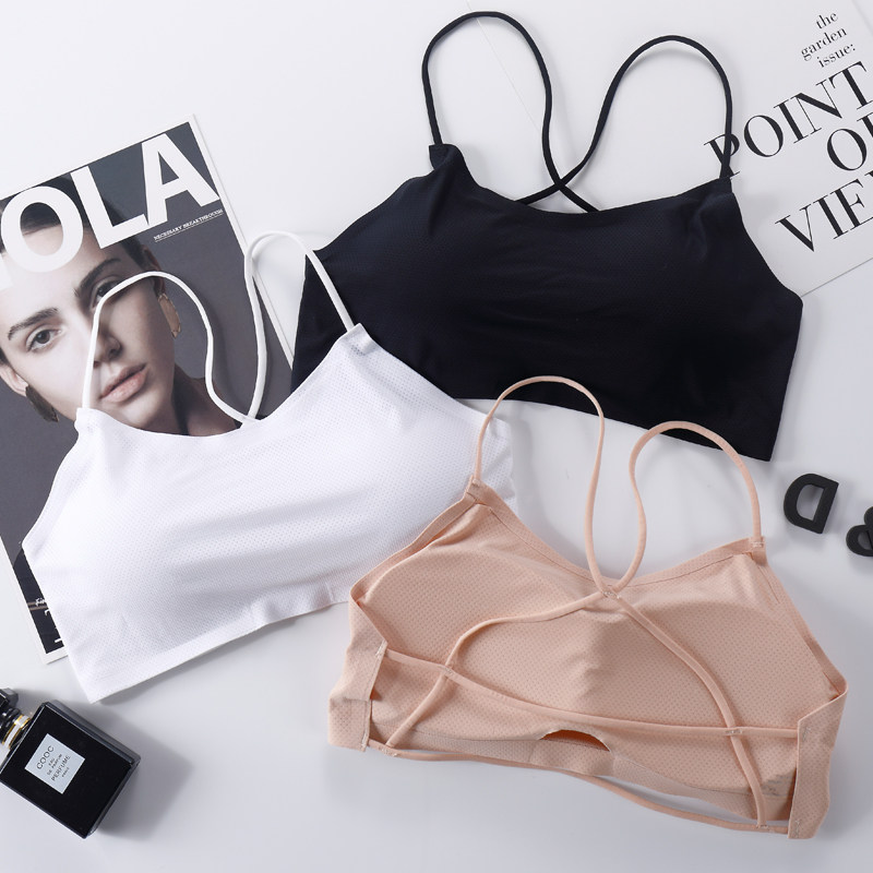 Ice wire indentation underwear lady with chest and beautiful backstopper anti-walking band chest pad pure color hanging fashion thin