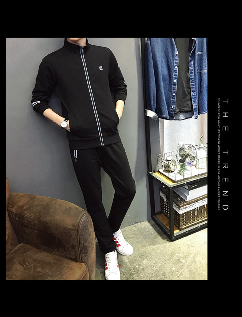 Quần áo thể thao nam giản dị mùa xuân và mùa thu nam áo len cardigan dài tay chạy bộ quần áo cotton hai mảnh - Thể thao sau bộ thể thao nam