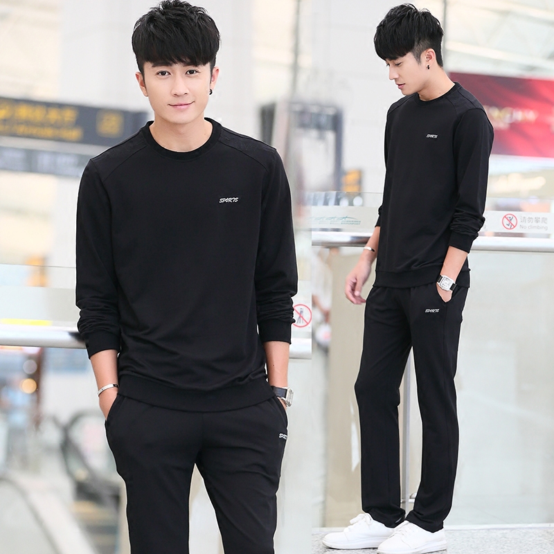 Men's sports suit Spring and autumn winter casual sportswear in old age round neck long sleeve thick cotton T running suit Two sets