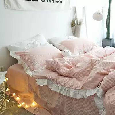 Cotton Water Washing Cotton Four Piece Cotton Pink Cute Girl Heart Korean Princess Bed Sheets quilt cover Bedding