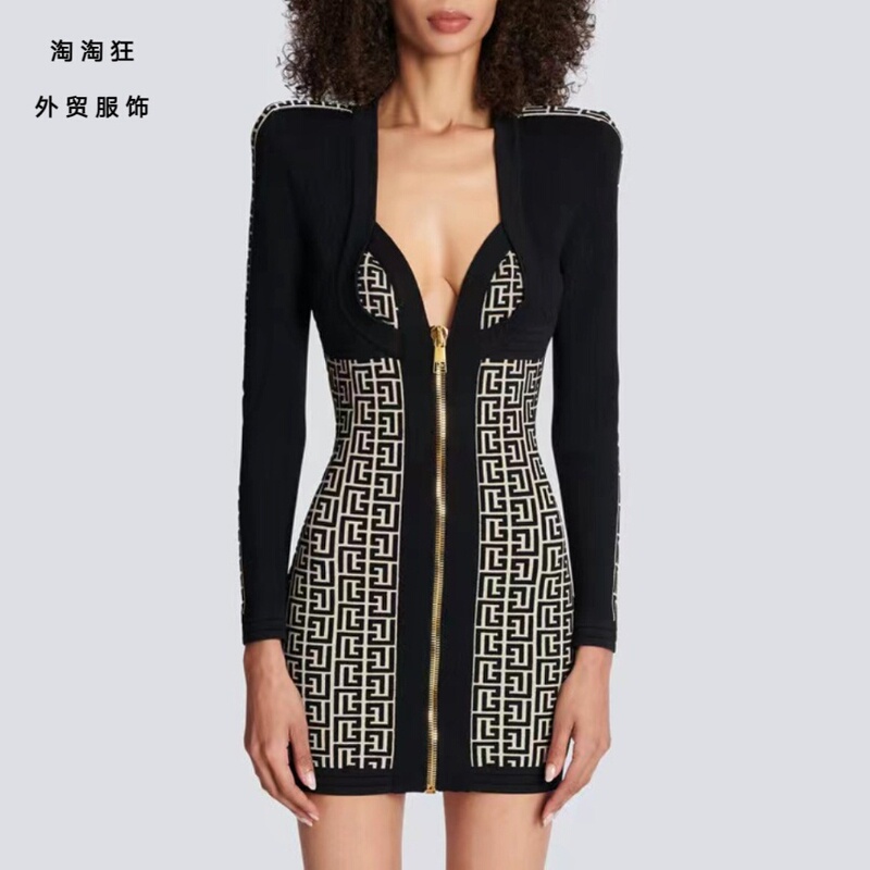 Balmain-Style V-Neck Long-Sleeve Straight Shoulder Bodycon Slim Jacquard Bandage Dress Socialite Gown