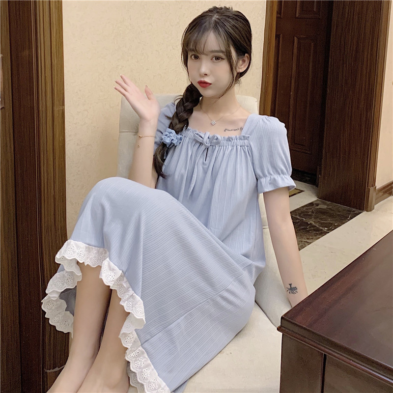 Sleeping Skirt Woman Summer Net Red Burst Sleeping Clothes Large Size Short Sleeves Pure Cotton Cute Advanced Sensual Sensation Spring And Autumn Day Home Clothing