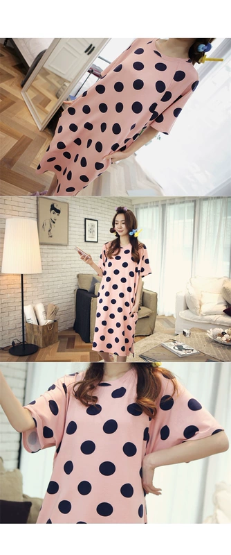 Nightdress nữ mùa hè bông ngắn- tay dot Hàn Quốc đồ ngủ nữ mùa hè lỏng dài dễ thương phim hoạt hình bông dịch vụ nhà