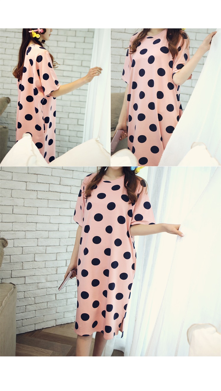 Nightdress nữ mùa hè bông ngắn- tay dot Hàn Quốc đồ ngủ nữ mùa hè lỏng dài dễ thương phim hoạt hình bông dịch vụ nhà