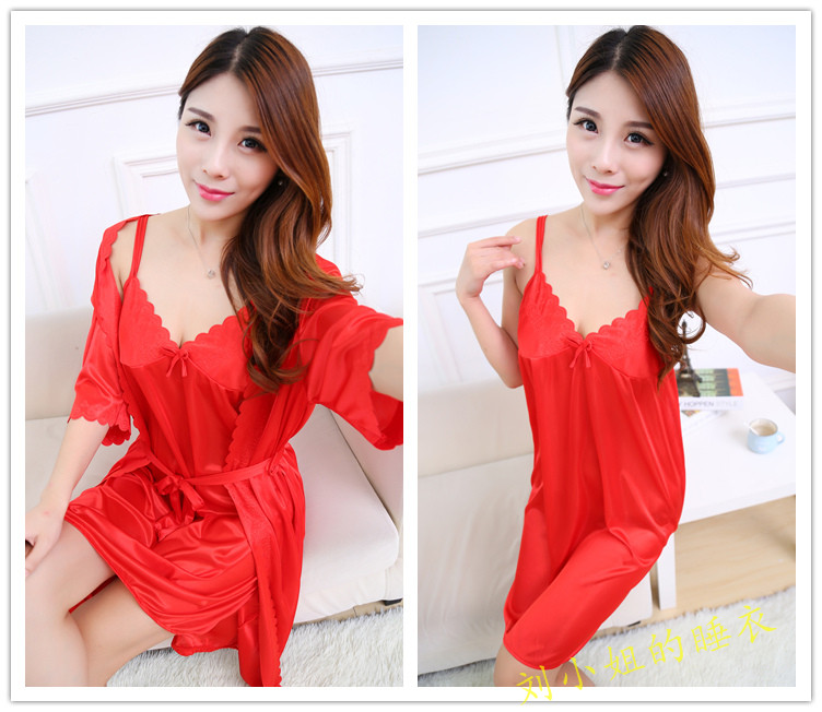 Đồ ngủ phụ nữ mùa hè nightdress sling bộ ngắn tay cảm xúc cám dỗ băng lụa chiffon áo choàng hai mảnh