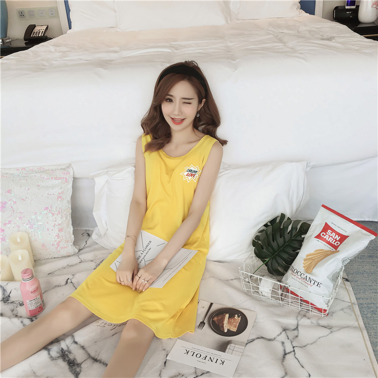 Nightdress nữ mùa hè vest với ngực pad bar áo ngực Hàn Quốc phiên bản sinh viên tươi đồ ngủ cotton không tay có thể được đeo