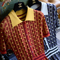 Atmospheric Gaggle Colored Dot intersections Jacquard Crash Color Polo Collar Knit Long Dress #