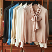 Light extravagant weight lbs real silk floating with bow tie head long sleeve shirt Early autumn blouse women mulberry silk