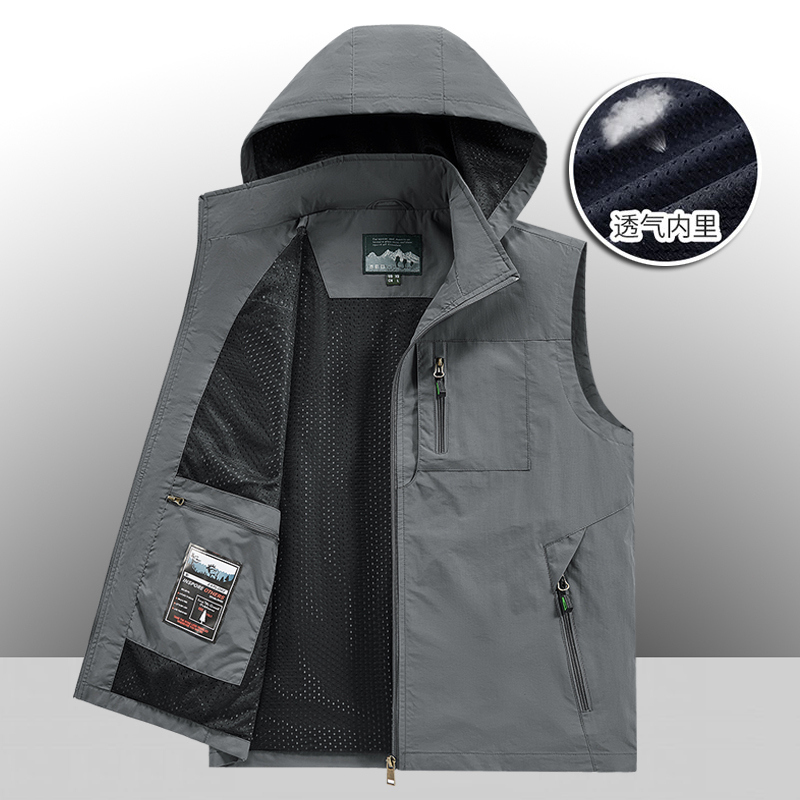 Spring and Summer New Outdoor Casual Vest for Men with Detachable Hood, Multi-Pocket Work Vest, Cycling Tactical Vest Jacket