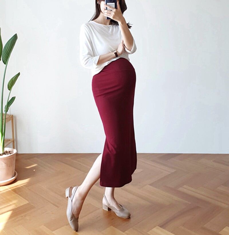 Pregnant Woman Medium Long Version Skirt Spring Autumn Korea Knit Cotton Half Body Skirt Spring Open Fork Half Skirt Thin bag Hip Skirt