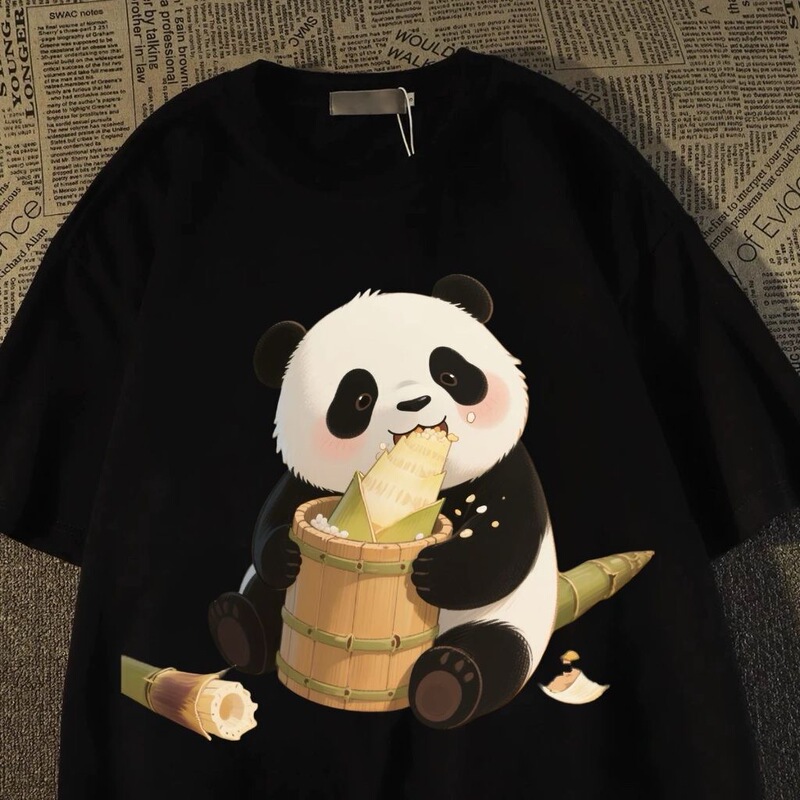Summer Chinese Trendy Brand Panda Eating Bamboo Shoots Pure Cotton Short-Sleeve T-Shirt Unisex 2025 New Trendy ins Top for Men Summer Chinese Trendy Brand Panda Eating Bamboo Shoots Pure Cotton Short-Sleeve T-Shirt Unisex 2025 New Trendy ins Top for Men