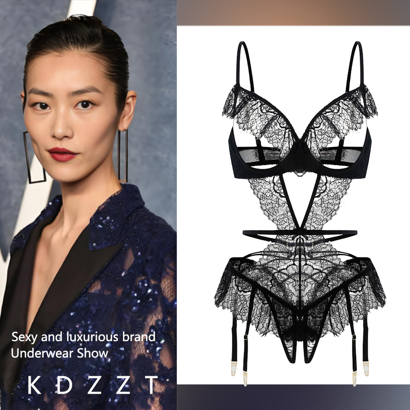 Kdzzt French Design Lace Eyelash Bra Lingerie Set with Garter Belt and Underwire Sexy Bodysuit