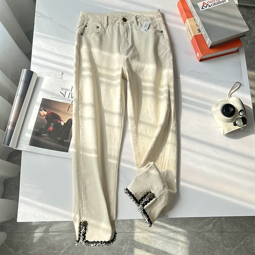 Дизайнерские модные штаны, джинсы с начесом, городской стиль, в западном стиле, в стиле Шанель, свободный прямой крой, стройный силуэт