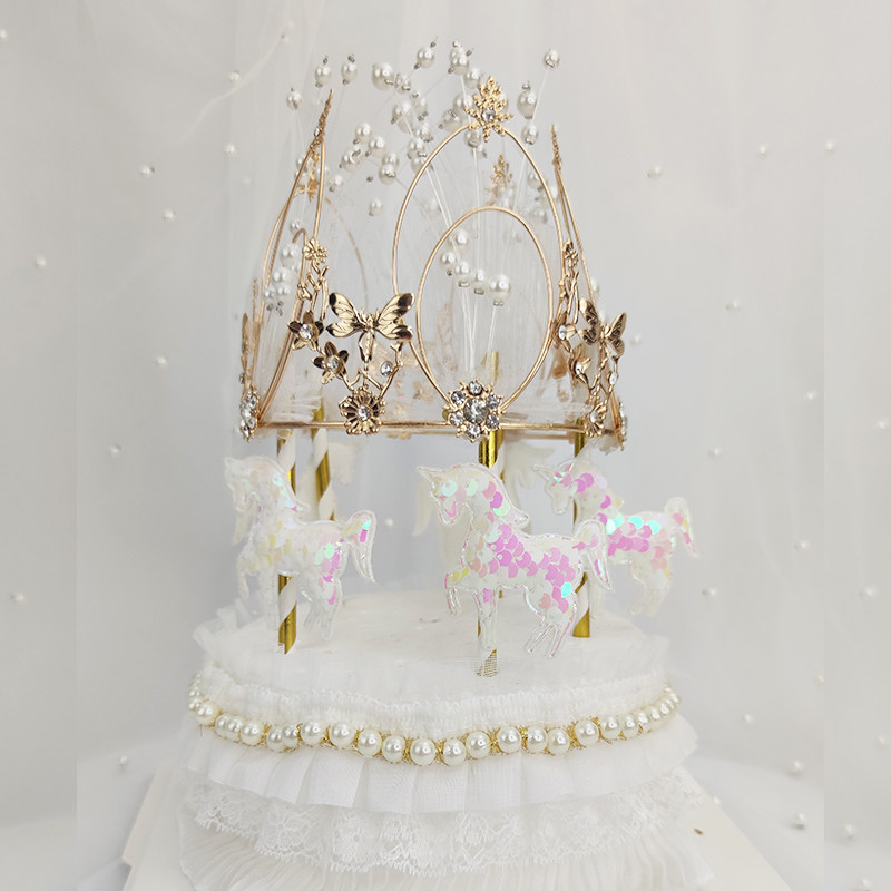 Baking cake decoration net red carousel pearl crown straw plug-in decoration set lace edge