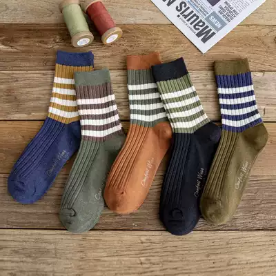 5 pairs of socks men's middle tube ins tide cotton autumn winter deodorant sweat absorption men's socks autumn Stripe bar Korean version of Japanese stockings
