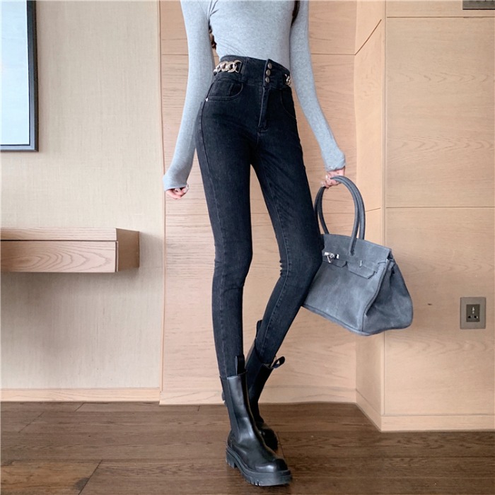 Han's version of the Yanites Elastic Hip glutes Skinny Retro Small Feet Pencil Pants Temperament Weight Reduction Car Buttons High Waist Tightening Body Jeans