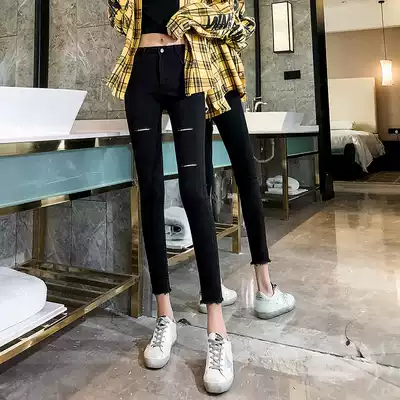 Black jeans women's broken hole beggar pencil pants spring and summer new thin model nine-point high waist small feet thin Joker