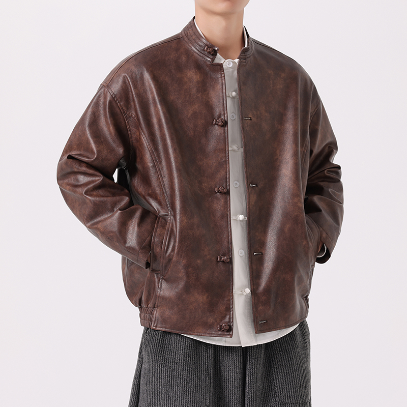 Autumn and Winter Chinese-Style Stand-Up Collar Tang Suit Men's Chinese Retro Leather Jacket with Button Closure Stand-Up Collar Leather Jacket Plus Size Men's Clothing Autumn and Winter Chinese-Style Stand-Up Collar Tang Suit Men's Chinese Retro Leather Jacket with Button Closure Stand-Up Collar Leather Jacket Plus Size Men's Clothing